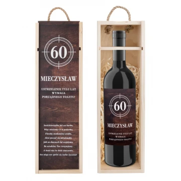 Prezent na 60 urodziny - drewniana skrzynka na alkohol z etykietą na butelkę - SK088