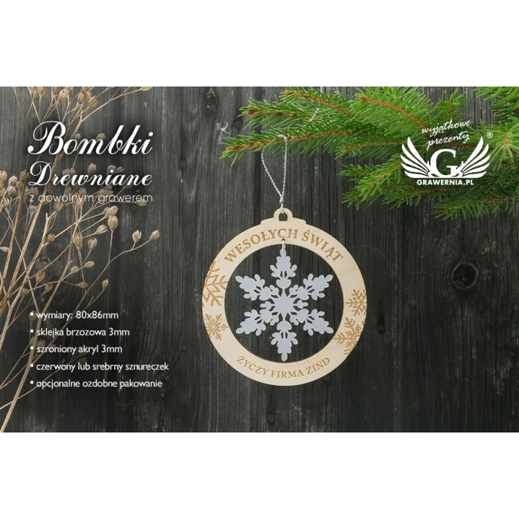 Bombki choinkowe drewno i pleksi - wym. 80x86mm - dowolny grawer - BDR021