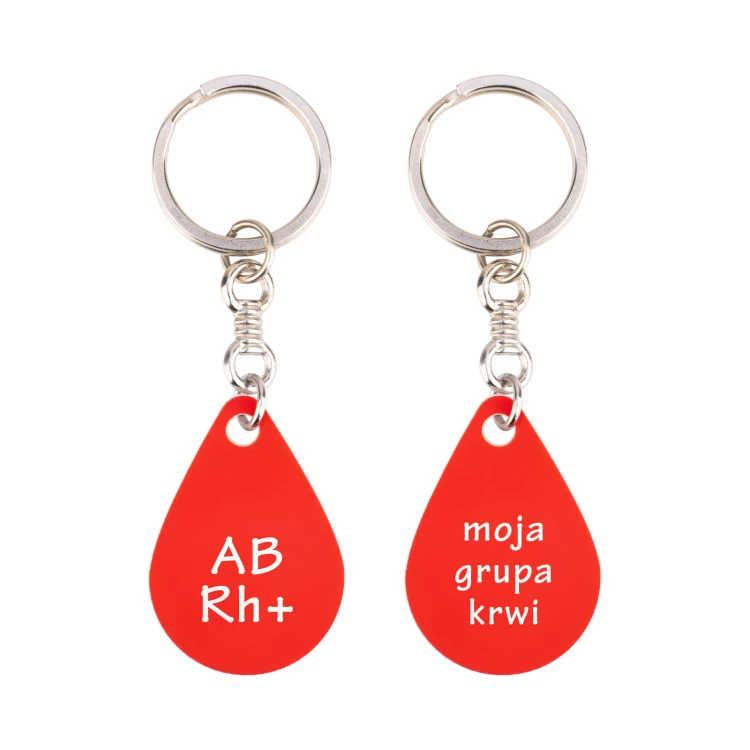 Brelok do kluczy z Twoją grupą krwi  - czerwony laminat grawerski -  wym. 25x36mm - BRL029