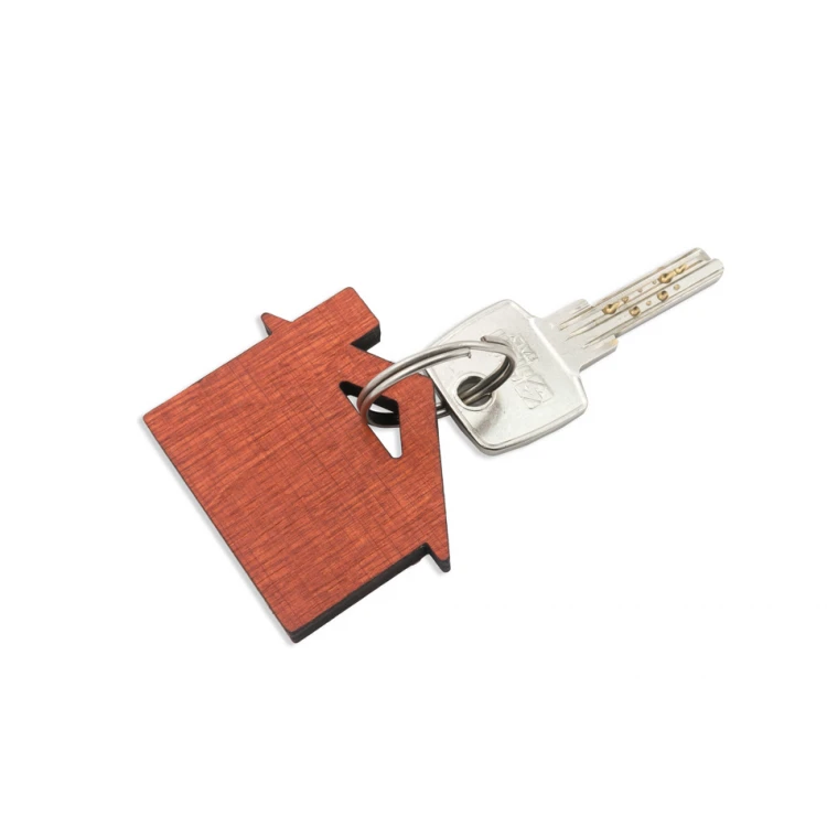 Brelok drewniany Domek z Kominem 1 kolor oranż wym. 55x43mm - BD041