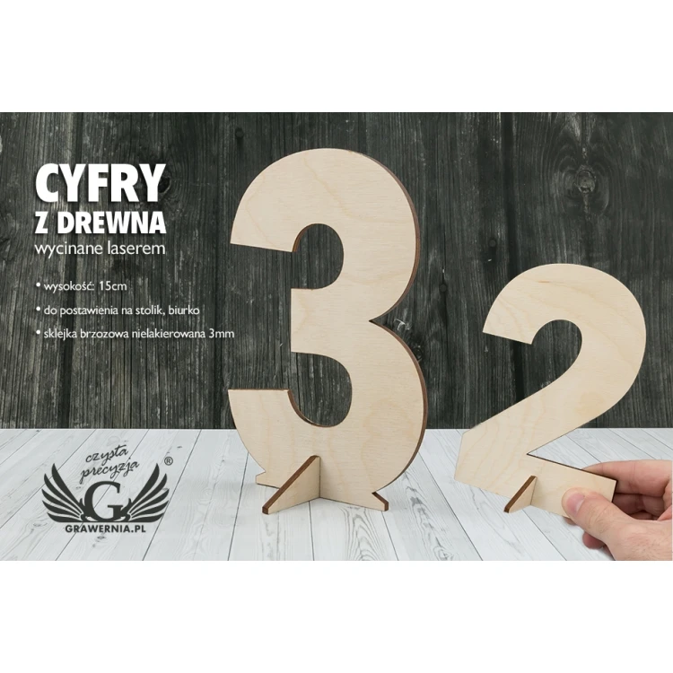 Cyfry na stojaczku wycinane laserem - wysokość 15cm - sklejka brzozowa 3mm - CL007 