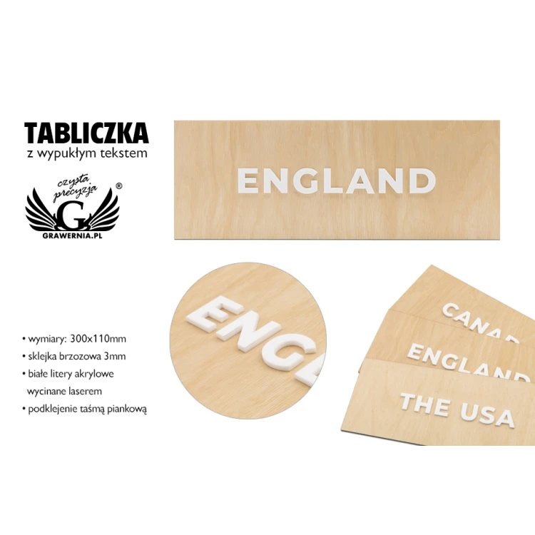 Drewniana tabliczka z wypukłym tekstem z plexi - wymiary: 300x110mm - TAB069 