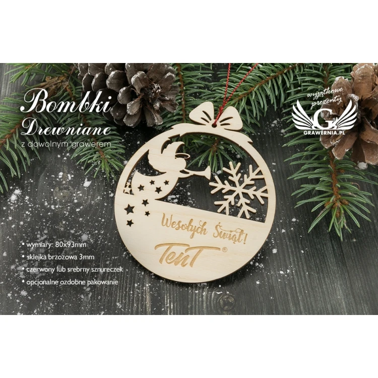 Drewniane bombki choinkowe - wym. 80x93mm - dowolny grawer - BDR018