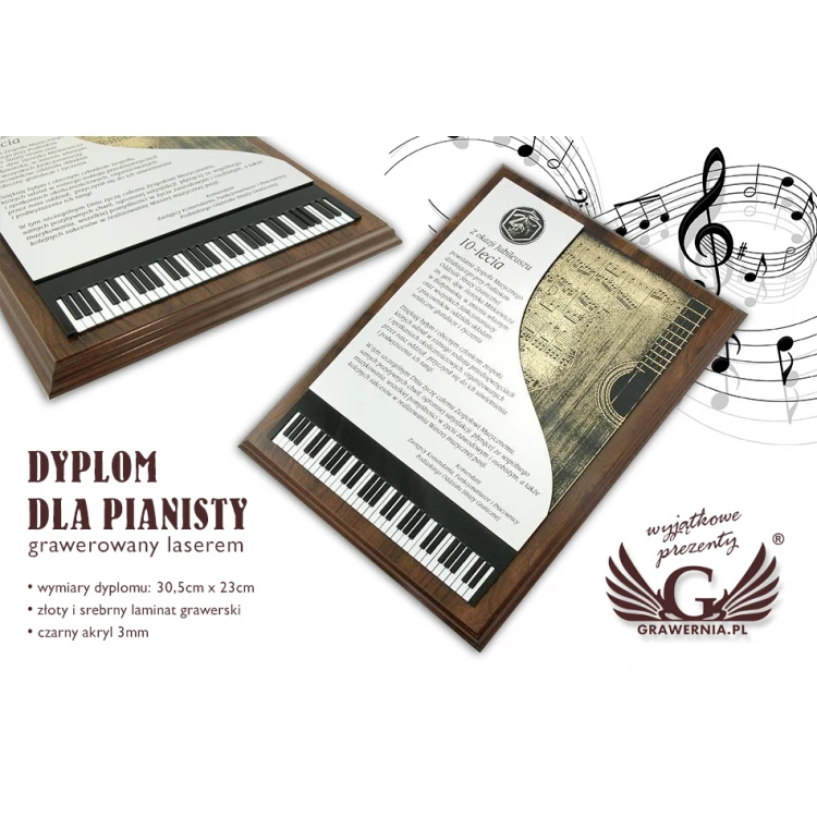 DYPLOM DLA PIANISTY GRAWEROWANY LASEREM - pionowy - SL039