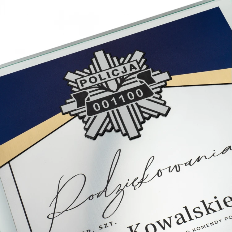Dyplom szklany - 25 lecie służby w Policji - pionowy - druk UV i grawer - DUV089