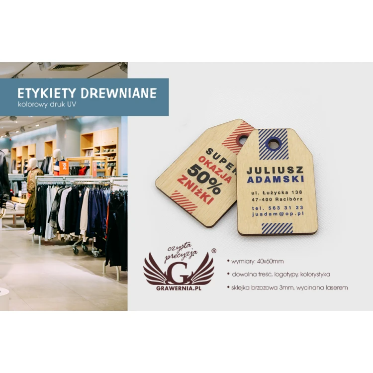 Etykiety drewniane, cenówki - wymiary: 40x60mm - druk UV - EDR001