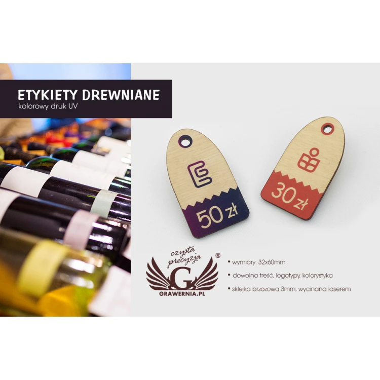 Etykiety drewniane, cenówki - wymiary: 32x60mm - druk UV - EDR012