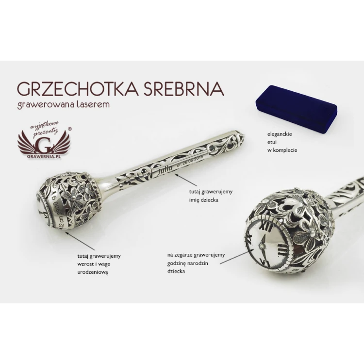 Grzechotka srebrna w welurowym pudełku z dedykacją - Pamiątka Chrztu Świętego - SRB019