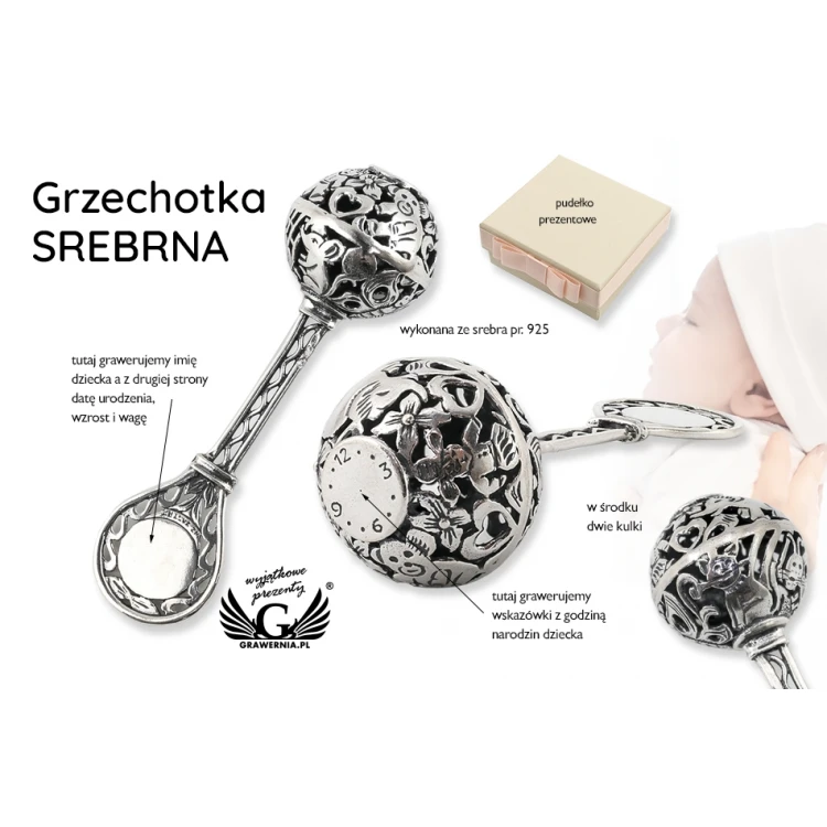 Grzechotka srebrna w drewnianym pudełku z dedykacją - Pamiątka Chrztu Świętego - SRB013-1