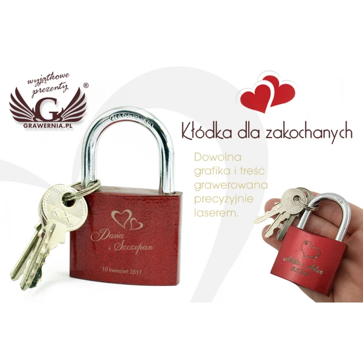 Kłódka zakochanych - żeliwna kolor bordowy - dowolny grawer - KZ003
