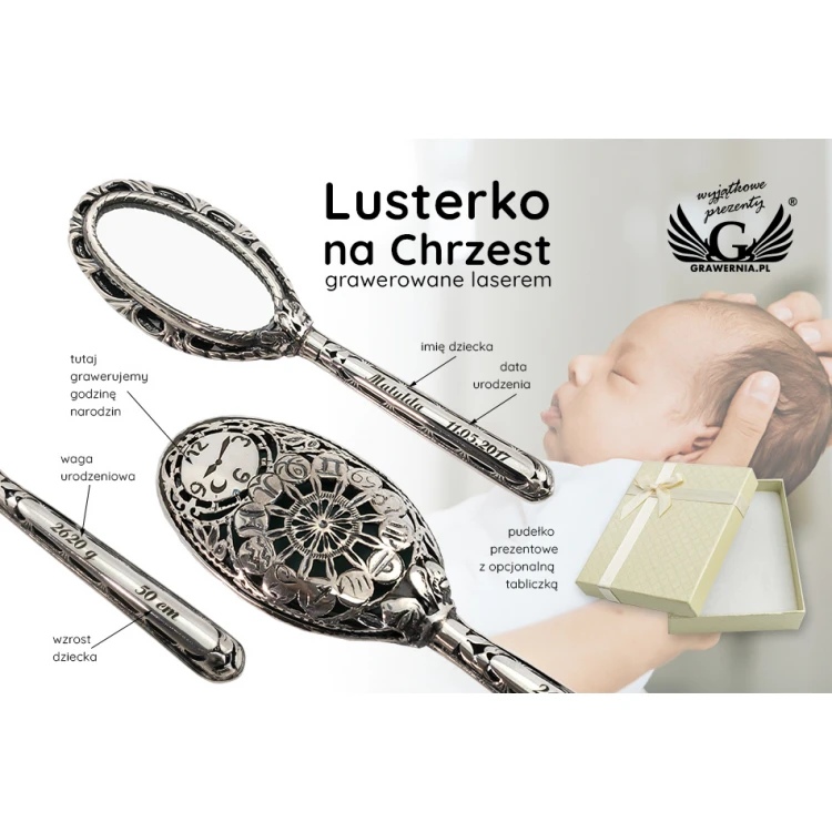 Lusterko Srebrne w welurowym pudełku z dedykacją - Pamiątka Chrztu Świętego - SRB025
