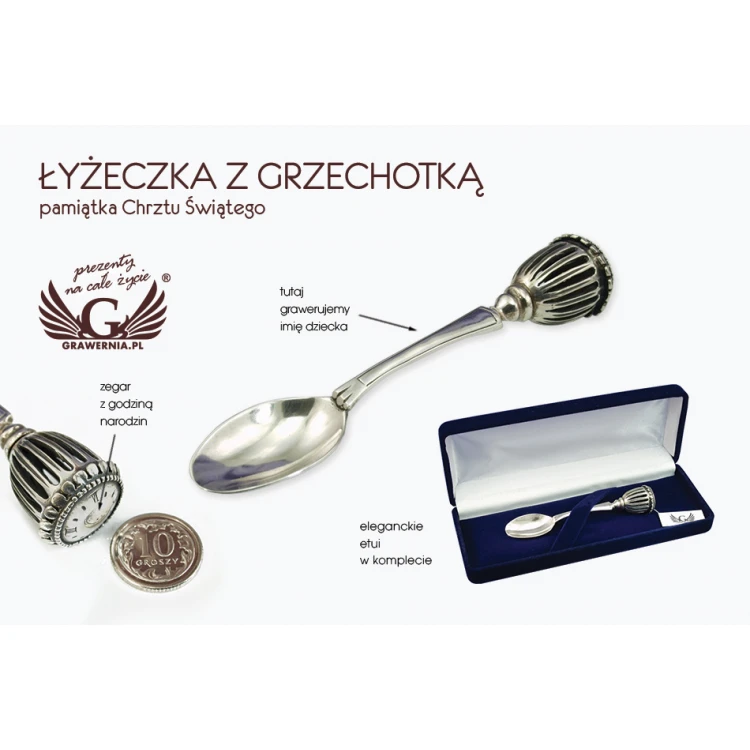 Łyżeczka srebrna z grzechotką w welurowym pudełku z dedykacją - Pamiątka Chrztu Świętego - SRB018