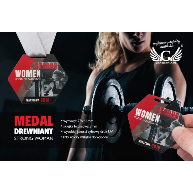 Medal drewniany druk UV - Strong Woman - wymiary: 79x66mm - MGR062
