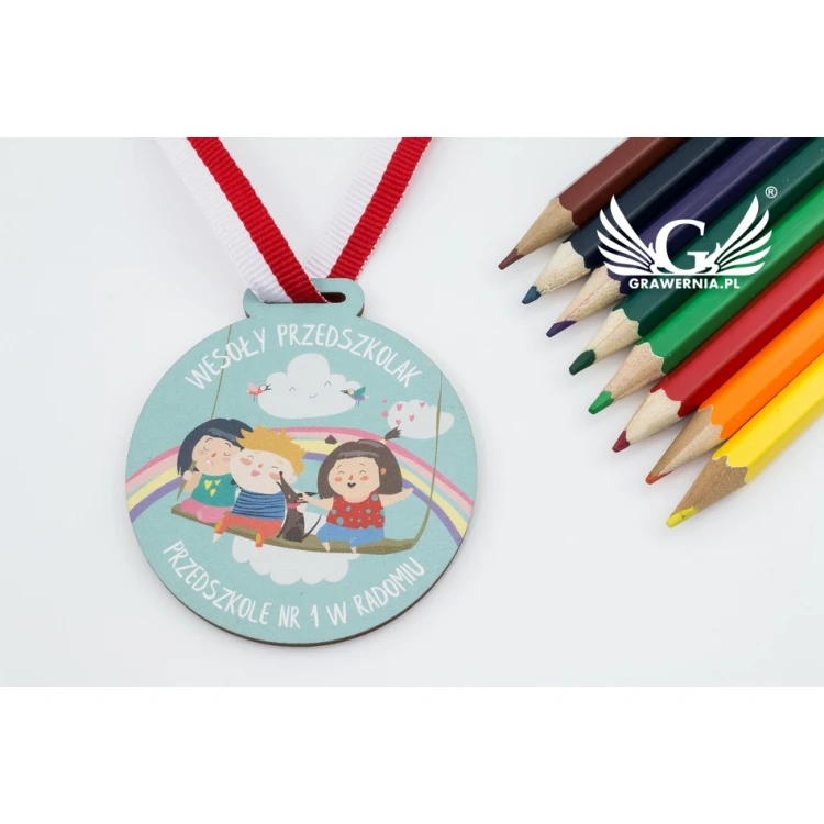 Medal drewniany druk UV - Wesoły Przedszkolak - średnica: 60mm - MGR058