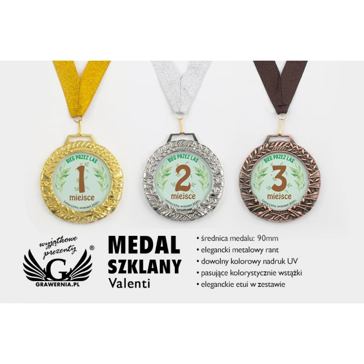 Medal szklany Valenti z dowolnym nadrukiem UV w etui - średnica 90mm - MGR084