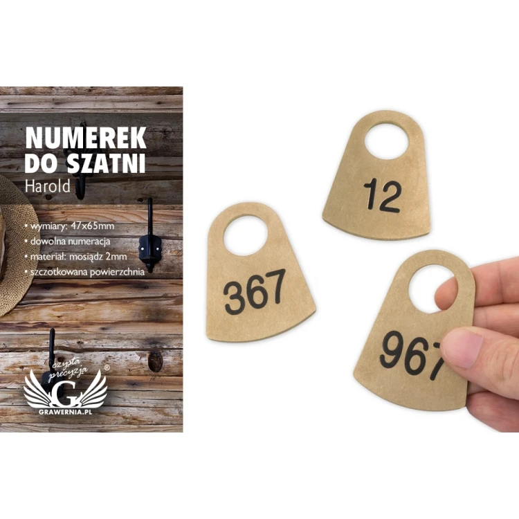 Numerki do szatni z mosiądzu - Harold Gold gr. 2mm - wym: 47x65mm - BMZ009