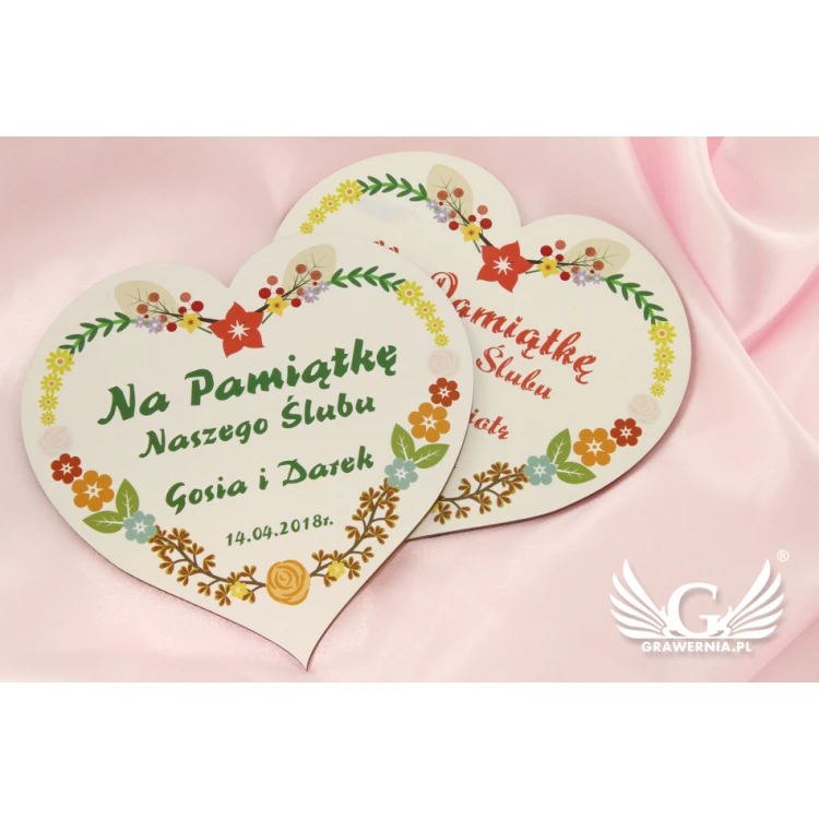 Pamiątka Ślubu - podziękowanie dla gości - serce z drewna - druk UV