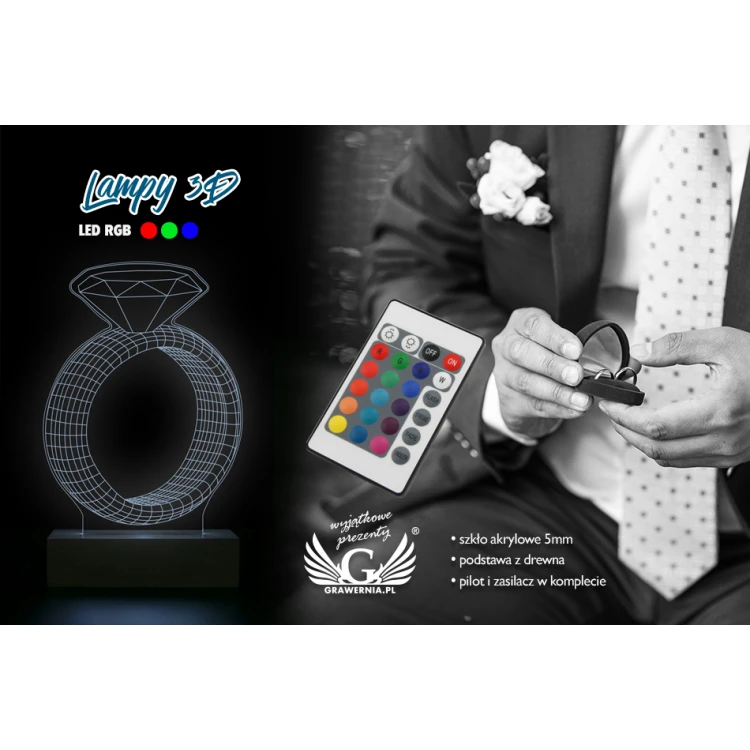 Pierścionek - Lampa 3D LED RGB sterowana z pilota - L3D015