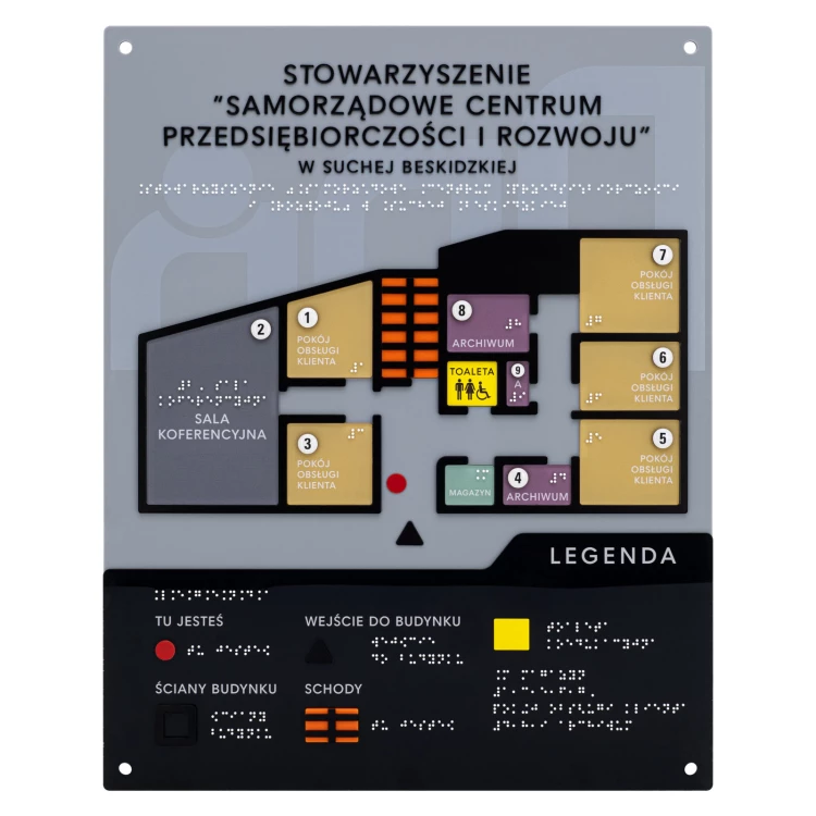 Plan tyflograficzny z pismem Braille'a - tworzywo ADA, 3D doming, laminat i akryl - wym. 480x380 mm  - TAB665