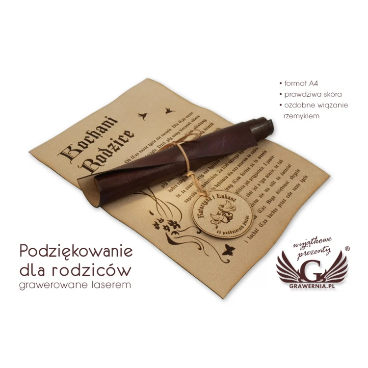 Podziękowanie dla rodziców - dyplom ze skóry z medalem, wiązany rzemykiem - DSK006