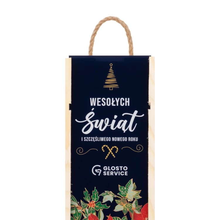 Prezent świąteczny z Twoim logo - drewniana skrzynka na alkohol z szybką z plexi - wym. 110x360mm - SK097