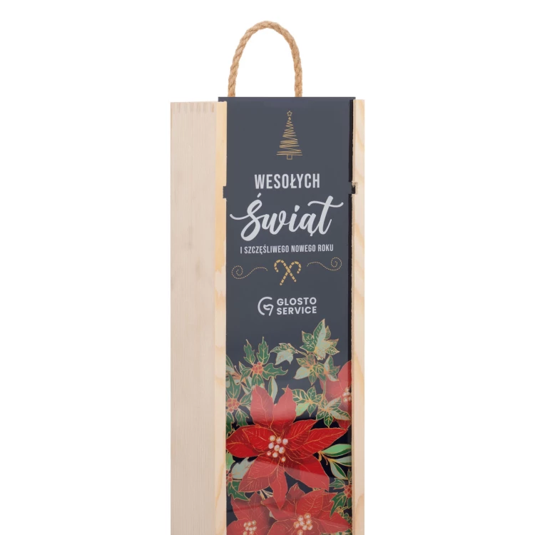 Prezent świąteczny z Twoim logo - drewniana skrzynka na alkohol z szybką z plexi - wym. 110x360mm - SK097