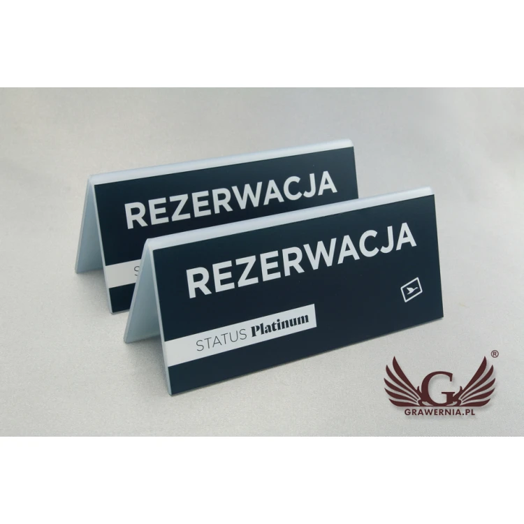 Rezerwacja - stojak z dowolnym napisem - wym. 150x65mm - szroniony akryl - druk UV - REZ007