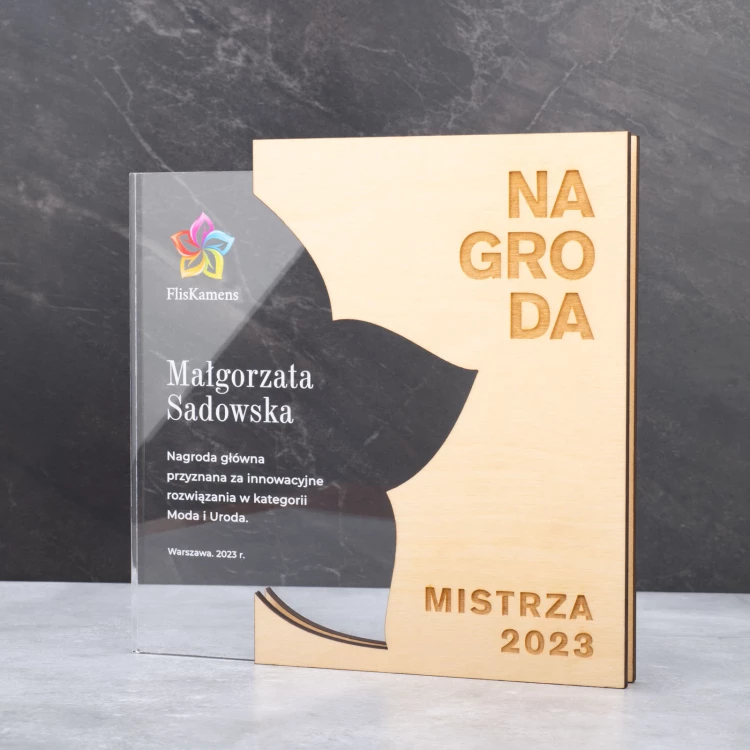 Statuetka akrylowa z drewnianymi elementami - jubileuszowa nagroda dla firmy - wys. 22cm - DTA106