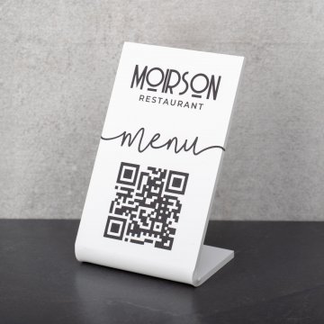 Stojaczek Menu z kodem QR - biała plexi - wym. 55x90mm - ST051