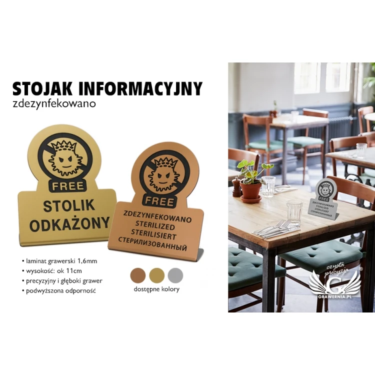 Stojak informacyjny na stolik zdezynfekowano, odkażono - do mycia w zmywarce temp. max 80°C - ST005