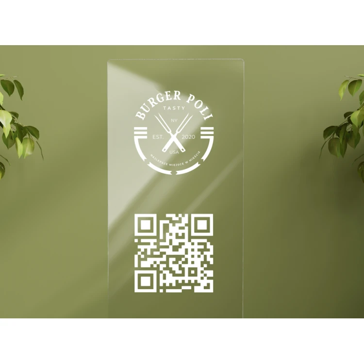 Stojak informacyjny z kodem QR - bezbarwna plexi na drewnianym postumencie - ST033