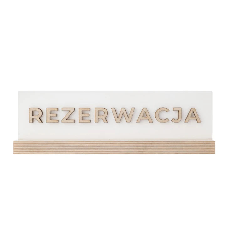 Stojak rezerwacja - biały akryl na drewnianym postumencie - ST043