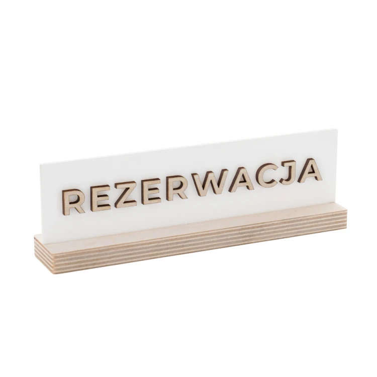 Stojak rezerwacja - biały akryl na drewnianym postumencie - ST043