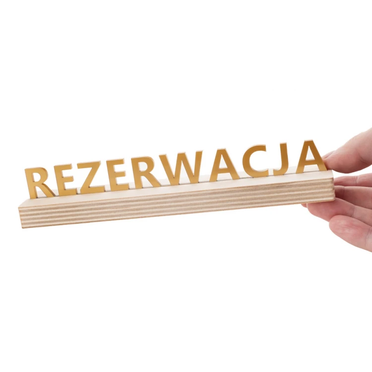 Stojak rezerwacja - złoty akryl na drewnianym postumencie - ST042