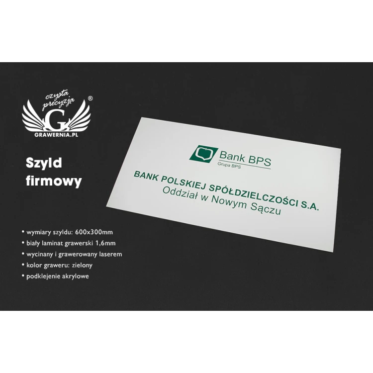Szyld firmowy - wym. 600x300mm - biały laminat grawerski - SZ113