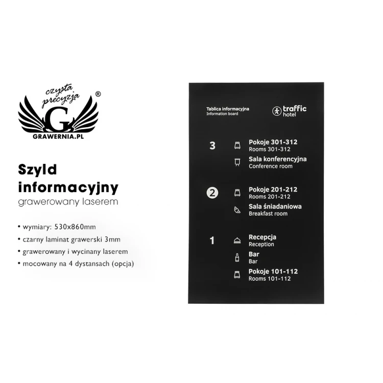 Szyld informacyjny grawerowany - czarny laminat gr. 3mm - wym. 53x86cm - SZ121