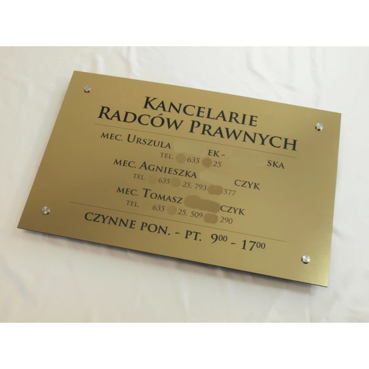 SZYLD KANCELARIE RADCÓW PRAWNYCH - złoty szczotkowany błyszczący laminat - SZ054 - wym. 680x440mm