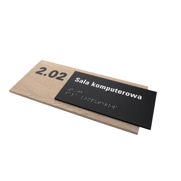 Tabliczka z dowolnym tekstem i pismem Braille'a - płyta fornirowana dąb i akryl czarny mat - wym. 262x118mm - TAB401