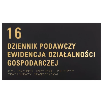 Tabliczka z pismem Braille'a - czarny matowy akryl i złote wypukłe litery - wym. 310x180mm - TAB603