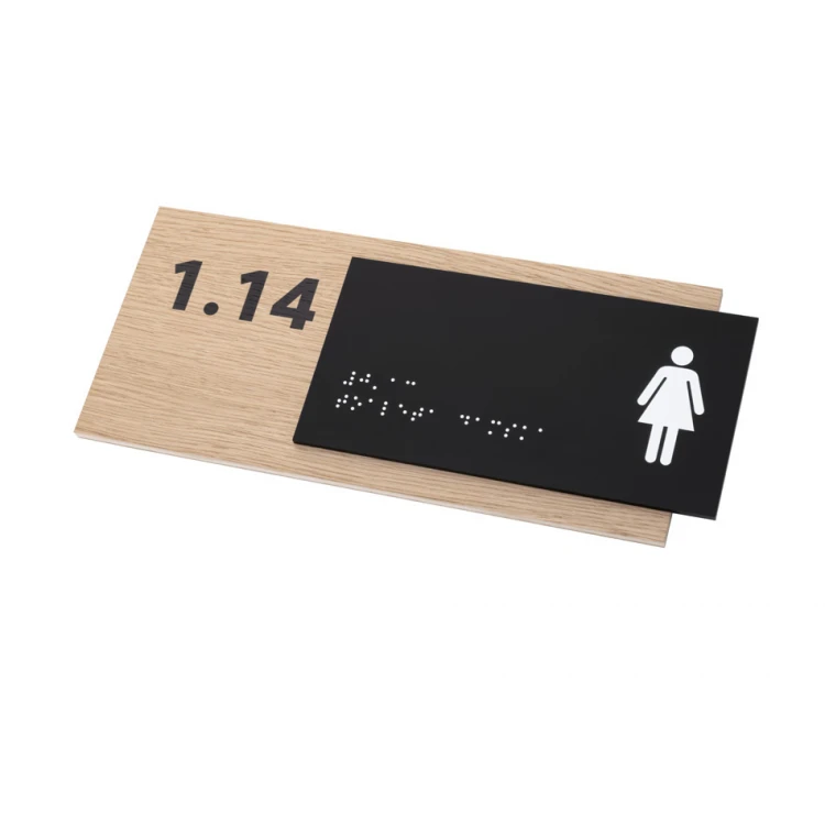 Toaleta damska - tabliczka z pismem Braille'a - płyta fornirowana dąb i akryl czarny mat - wym. 262x118mm - TAB404