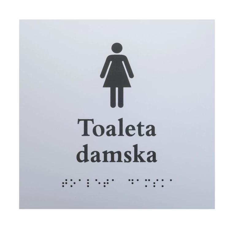 Toaleta damska - tabliczka z pismem Braille'a - srebrny laminat grawerski 3mm - wym. 160x160mm - TAB549