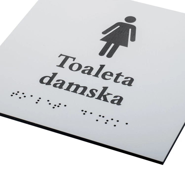 Toaleta damska - tabliczka z pismem Braille'a - srebrny laminat grawerski 3mm - wym. 160x160mm - TAB549