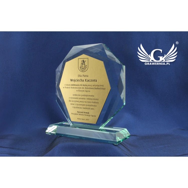 Trofeum szklane w etui - ROLAND z laminatem grawerskim