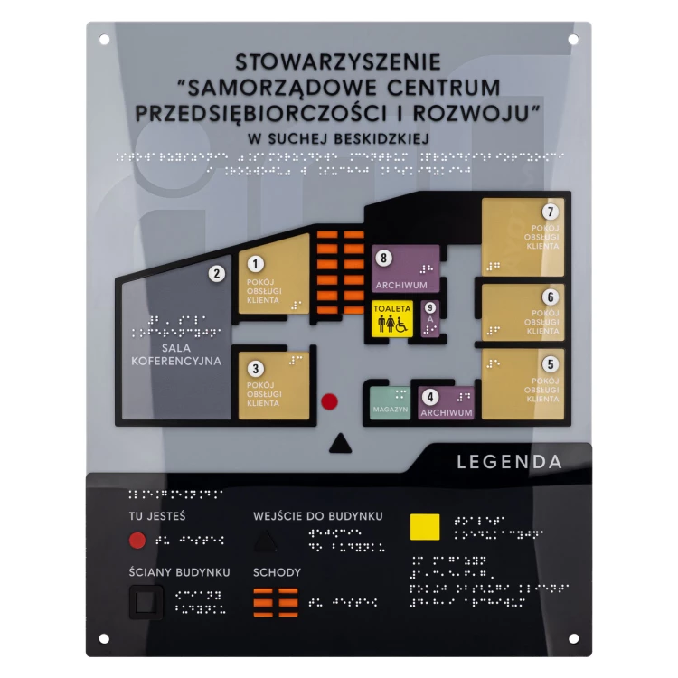 Plan tyflograficzny z pismem Braille'a - tworzywo ADA, 3D doming, laminat i akryl - wym. 480x380 mm  - TAB665