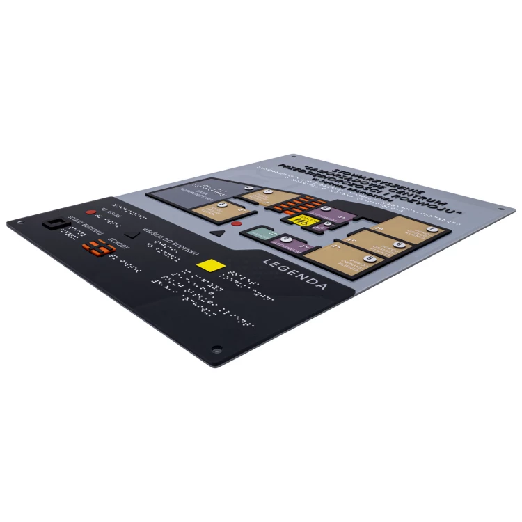 Plan tyflograficzny z pismem Braille'a - tworzywo ADA, 3D doming, laminat i akryl - wym. 480x380 mm  - TAB665