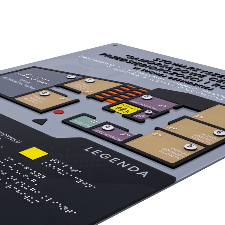 Plan tyflograficzny z pismem Braille'a - tworzywo ADA, 3D doming, laminat i akryl - wym. 480x380 mm  - TAB665