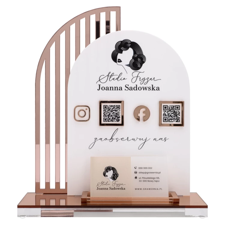 Tabliczka social media z kodami QR i miejscem na wizytówki - wys. 23 cm - ST086