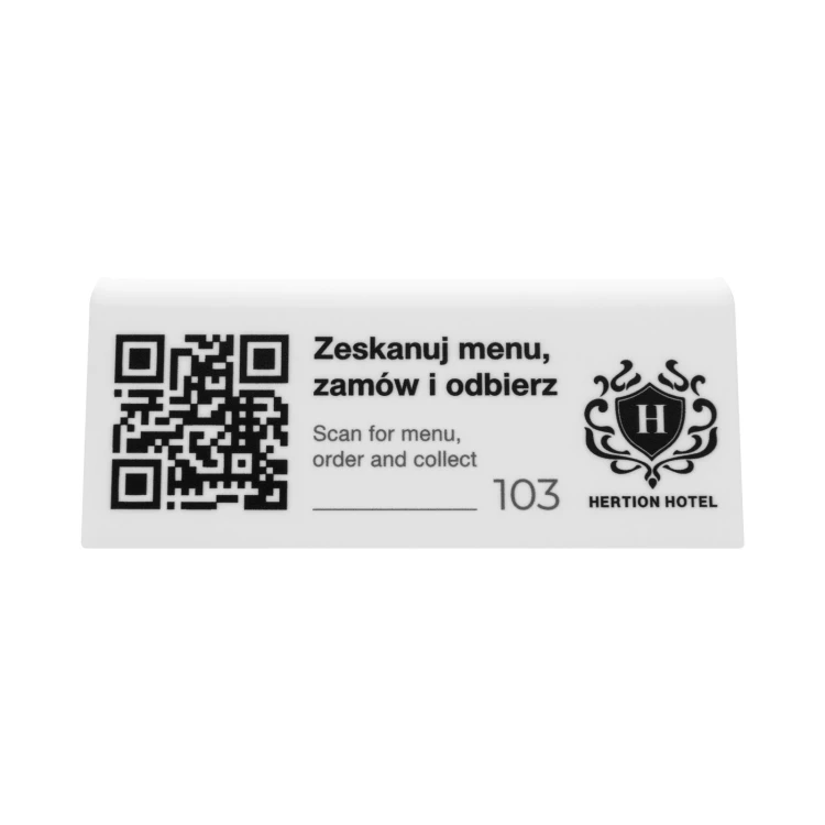 Stojak informacyjny z kodem QR - biały akryl z nadrukiem UV - wym. 120x50mm - ST079