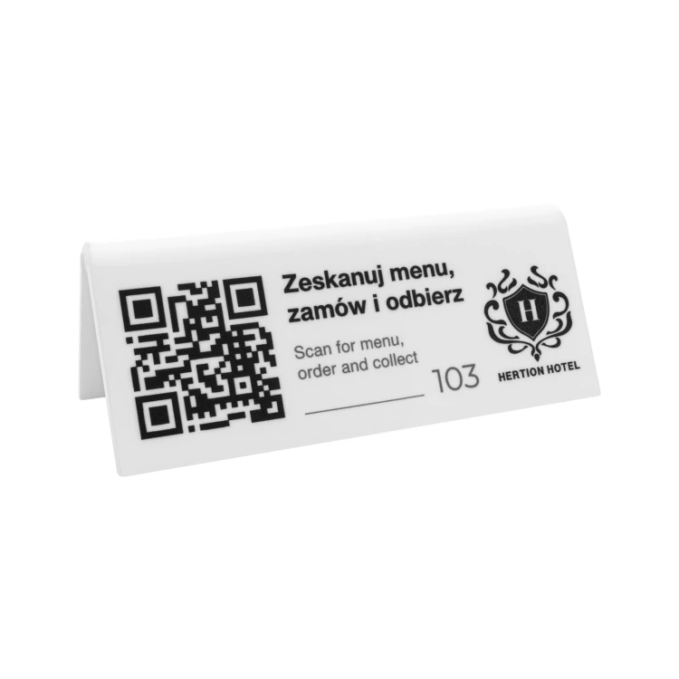 Stojak informacyjny z kodem QR - biały akryl z nadrukiem UV - wym. 120x50mm - ST079