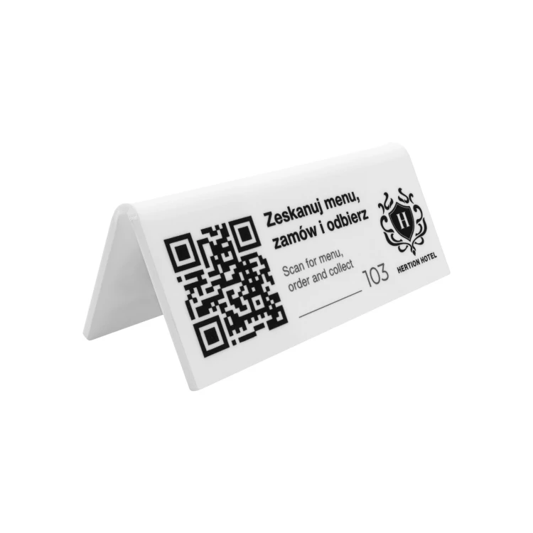 Stojak informacyjny z kodem QR - biały akryl z nadrukiem UV - wym. 120x50mm - ST079